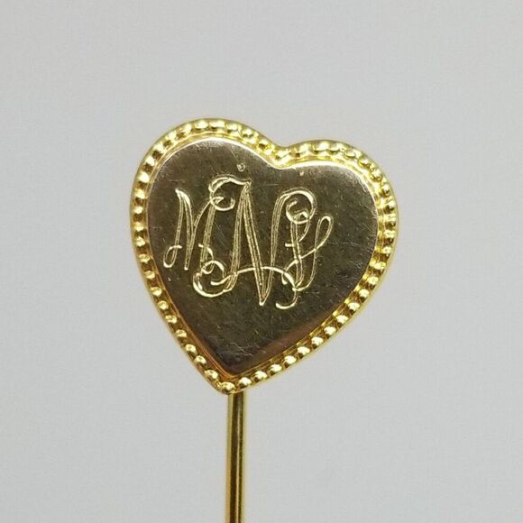 Vintage Heart Stick Pin Engraved Monogram M.N.V. Gold Tone Brooch, Estate - Picture 1 of 6